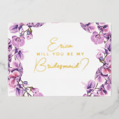 私のウェディングパーティーになってくれる?(紫のラン) 箔招待状 (正面)
