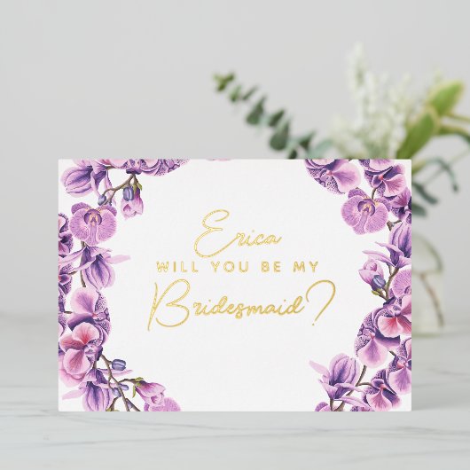 私のウェディングパーティーになってくれる?(紫のラン) 箔招待状 (立ち正面)