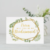 私のウェディングパーティーになってくれる？ 緑の草花を添えて 箔招待状 (立ち正面)