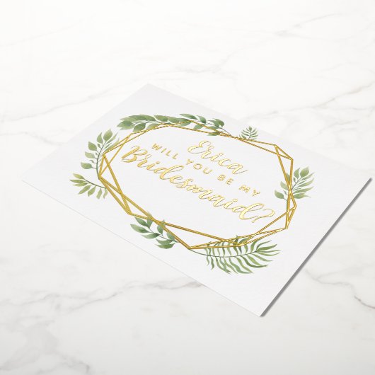 私のウェディングパーティーになってくれる？ 緑の草花を添えて 箔招待状 (回転した状態)