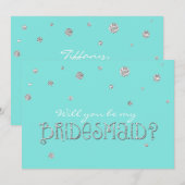 私のウェディングパーティーになって！アクアブルーのシルバーグリッターカード 招待状 (正面/裏面)