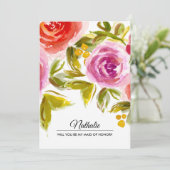 私のウェディングパーティーの中で一番大切な人になってくれる？ 水彩フラワーデザインと一緒にお願いした 招待状 (スタンド正面)