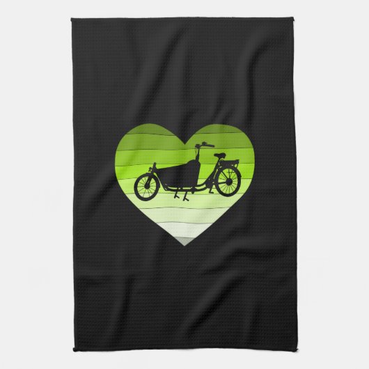 私のカーゴバイクが大好き - 緑のレトロなハート キッチンタオル (縦)