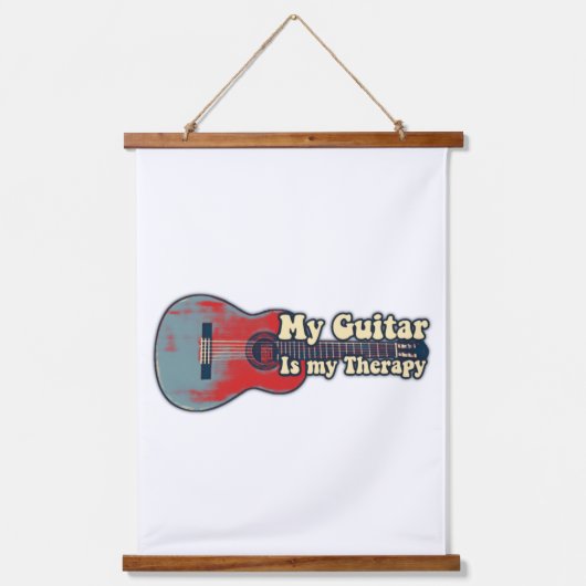 私のギターは私のセラピーだ。ヴィンテージ赤と青 吊り下げ型タペストリー (正面)