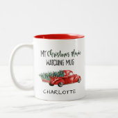 私のクリスマスムービー赤いヴィンテージトラック名を見て ツートーンマグカップ (左)