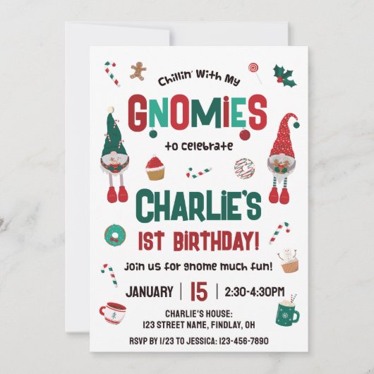 私のグノミーズのクリスマス誕生日パーティーとチリ 招待状 (正面)