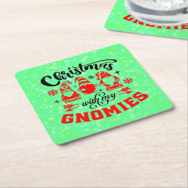 私のグノーミーとクリスマス – 赤おもしろい緑 スクエアペーパーコースター