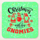 私のグノーミーとクリスマス – 赤おもしろい緑 スクエアペーパーコースター (正面)