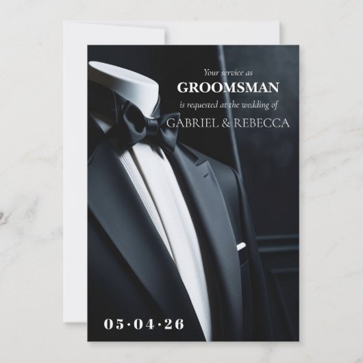 私のグルームズマンになってくれませんか? ブラックタイの結婚式のご案内 招待状 (正面)