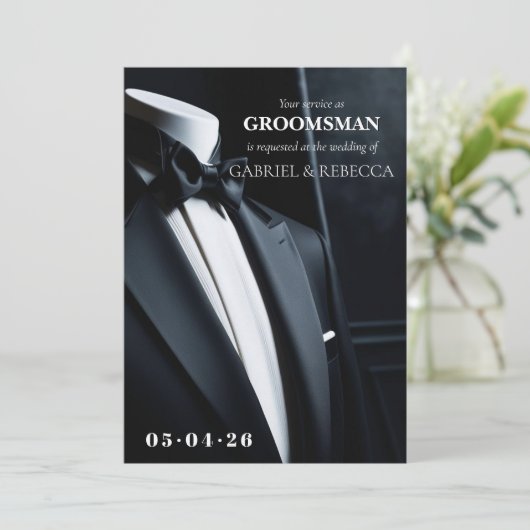 私のグルームズマンになってくれませんか? ブラックタイの結婚式のご案内 招待状 (スタンド正面)