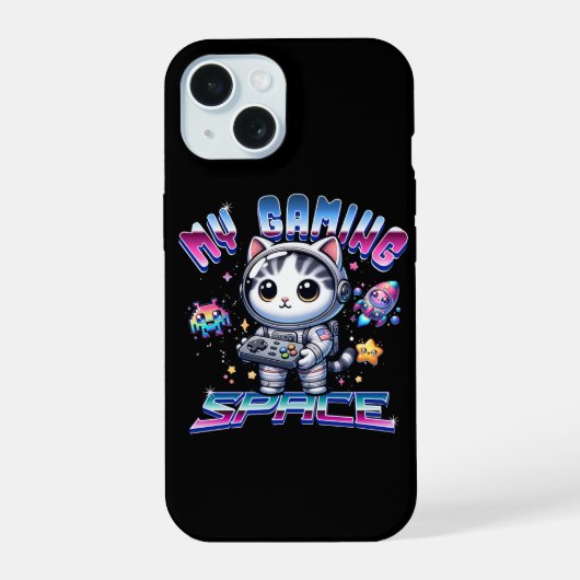 私のゲーミングスペース - かわいい宇宙猫 iPhone 15ケース (裏面)