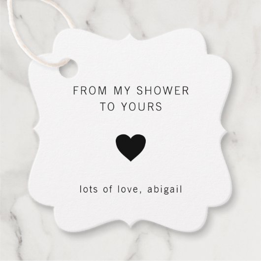 私のシャワーからあなたのものへ 現代のブライダルシャワー フェイバータグ (正面)