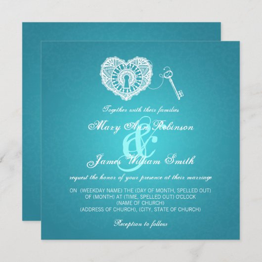 私のハートのターコイズへのエレガントな結婚式の鍵 招待状 (正面/裏面)