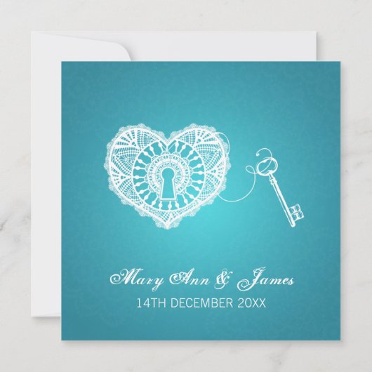 私のハートのターコイズへのエレガントな結婚式の鍵 招待状 (裏面)
