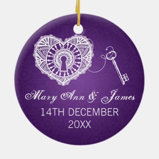 私のハートの紫色へのエレガントな結婚式の引き出物の鍵 セラミックオーナメント (裏面)