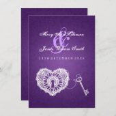 私のハートの紫色へのエレガントな結婚披露宴の鍵 招待状 (正面/裏面)