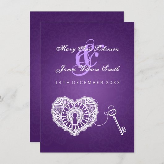 私のハートの紫色へのエレガントな結婚披露宴の鍵 招待状 (正面/裏面)