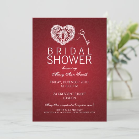 私のハートの赤へのエレガントなブライダルシャワーの鍵 招待状 (スタンド正面)