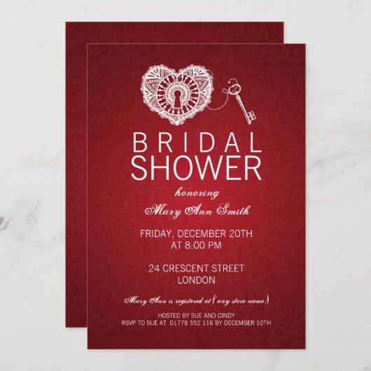 私のハートの赤へのエレガントなブライダルシャワーの鍵 招待状 (正面/裏面)