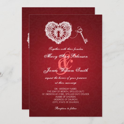 私のハートの赤へのエレガントな結婚式の鍵 招待状 (正面/裏面)