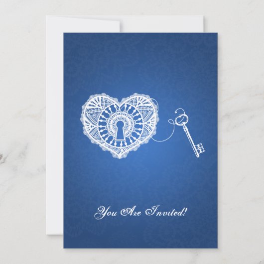 私のハートの青へのエレガントなブライダルシャワーの鍵 招待状 (裏面)