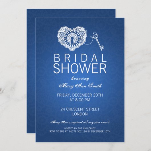 私のハートの青へのエレガントなブライダルシャワーの鍵 招待状 (正面/裏面)