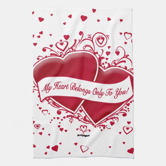 私のハートはあなただけのものだ！赤いハート キッチンタオル (縦)