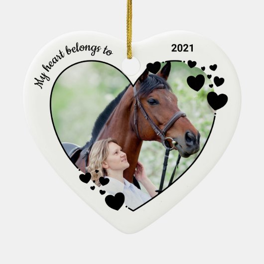 私のハートはペットパーソナライズされたの馬の写真に属している セラミックオーナメント (裏面)
