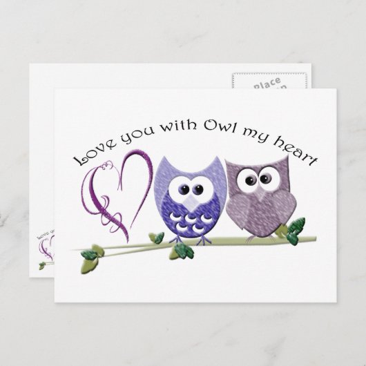 私のハート、かわいいフクロウの芸術であなたを愛する ポストカード (正面/裏面)