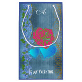 私のバレンタインロマンチックなバラスイープハートブルー スモールペーパーバッグ (裏面)