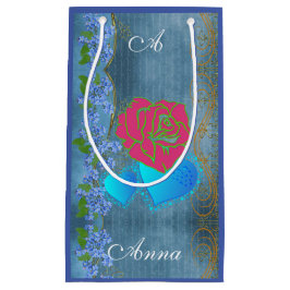 私のバレンタインロマンチックなバラスイープハートブルー スモールペーパーバッグ