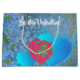 私のバレンタインロマンチックなバラスイープハートブルー ラージペーパーバッグ