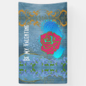 私のバレンタインロマンチックなバラスイープハートブルー 横断幕 (縦)