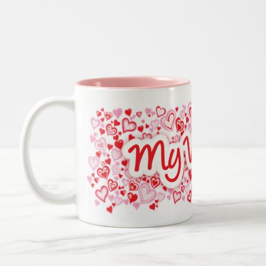 私のバレンタイン文字たくさんのハート赤ピンク ツートーンマグカップ (左)