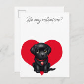 私のバレンタイン黒ラブラドール子犬の赤いハート 案内ポストカード (正面/裏面)