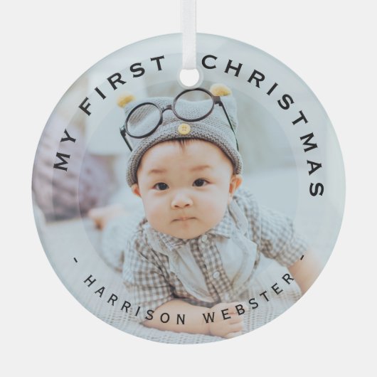 私のパーソナライズされたモダン初めてのクリスマスフォトグラス ガラスオーナメント (正面)