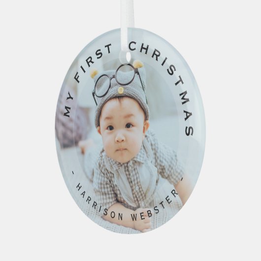 私のパーソナライズされたモダン初めてのクリスマスフォトグラス ガラスオーナメント (正面左)