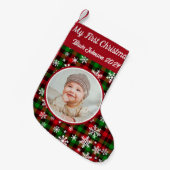 私のパーソナライズされた初めてのクリスマス写真のプレイド スモールクリスマスストッキング (正面 (吊り時))