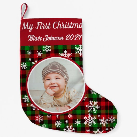 私のパーソナライズされた初めてのクリスマス写真のプレイド スモールクリスマスストッキング (正面)