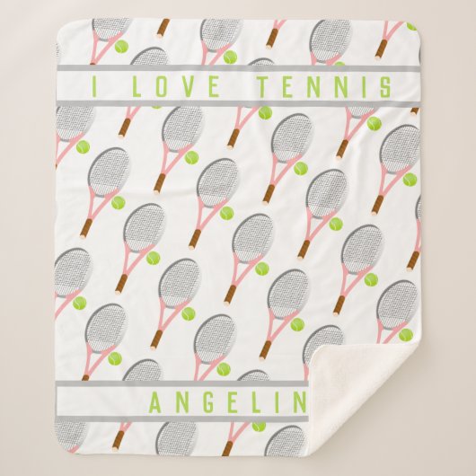 私のパーソナライズされた名前はテニスラケットとボールが大好き シェルパブランケット (正面)