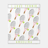 私のパーソナライズされた名前はテニスラケットとボールが大好き フリースブランケット (正面)