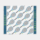 私のパーソナライズされた名前はテニスラケットとボールが大好き フリースブランケット (正面(横))