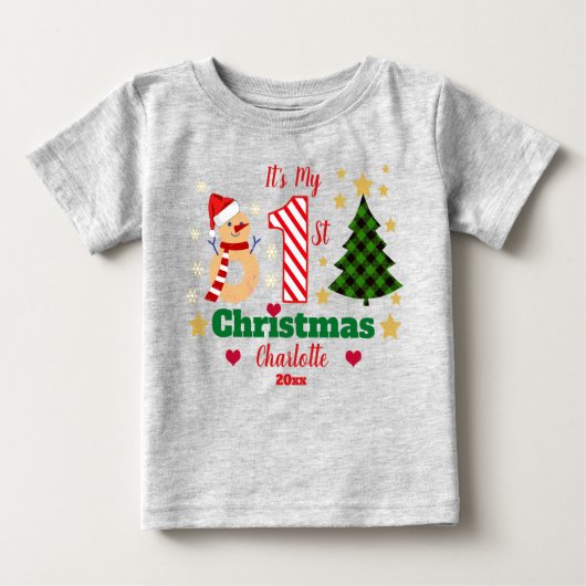 私のパーソナライズされた第1回クリスマス雪だるまキャンディーケーン ベビーTシャツ (正面)