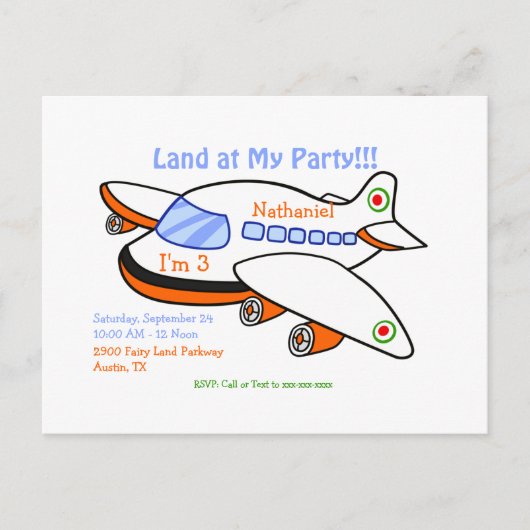 私のパーティー飛行機のテーマの子供に着陸 インビテーションポストカード (正面)