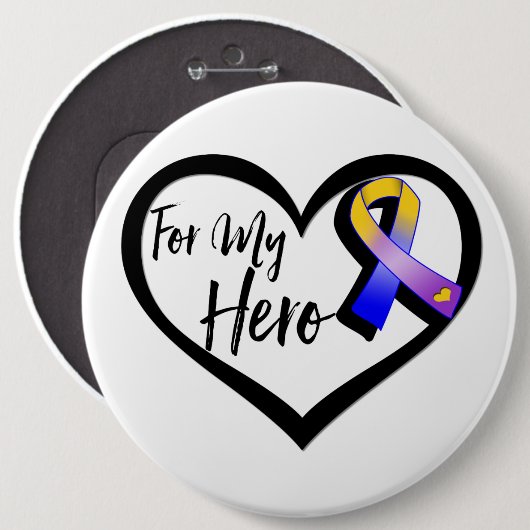 私のヒーローのためのマリゴールドの青と紫のリボン 缶バッジ (正面&裏面)