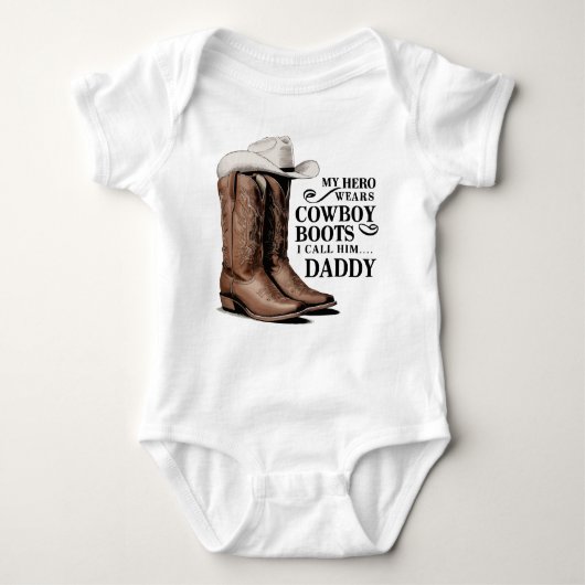 私のヒーローはカウボーイブーツを履いている ベビーボディスーツ (正面)