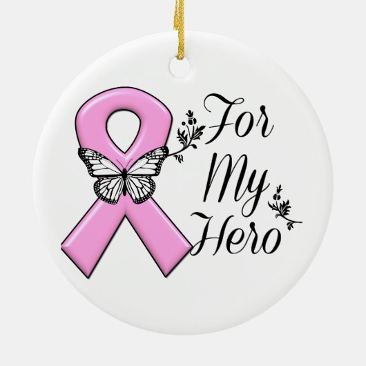 私のヒーロー乳がん認識度のためのピンクリボン セラミックオーナメント (裏面)