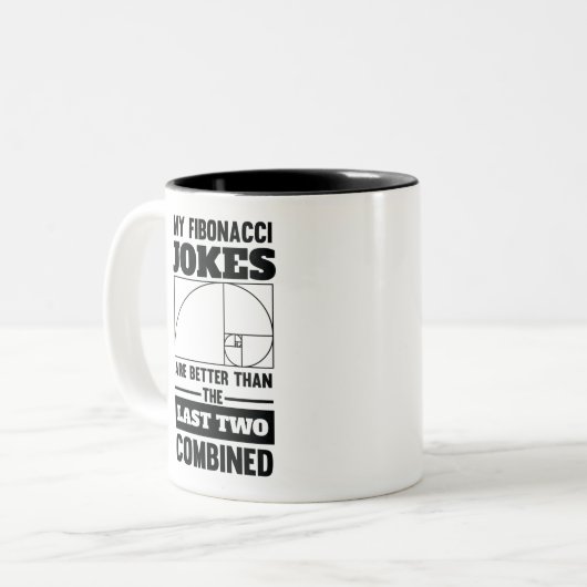 私のフィボナッチは数学おもしろいのスパイラルジョークをジョーク ツートーンマグカップ (正面左)