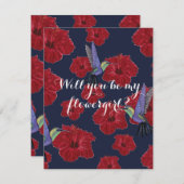 私のフラワーガールになってくれますか?ハミングバードとハイビスカスのあるアロハ 招待状 (正面/裏面)