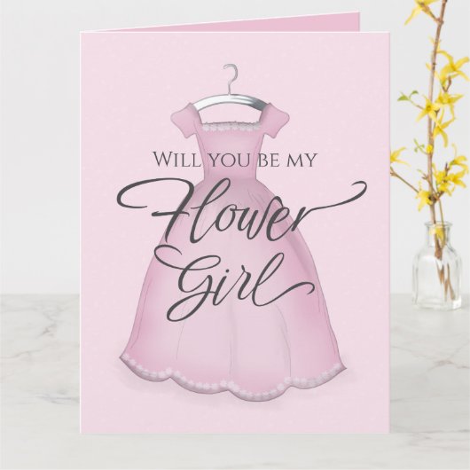 私のフラワーガールになってくれる? ウェディング かわいいピンクのドレス カード (黄色い花)